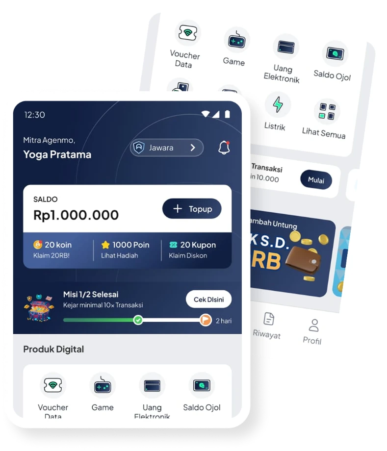 Mockup aplikasi Agenmo untuk agen pulsa dan PPOB